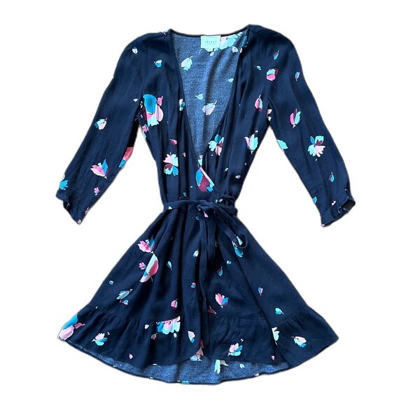 Sezane Black Elena Floral Viscose Boho Ruffle Wrap Mini Dress   Women's Size 36 - Picture 4 of 10